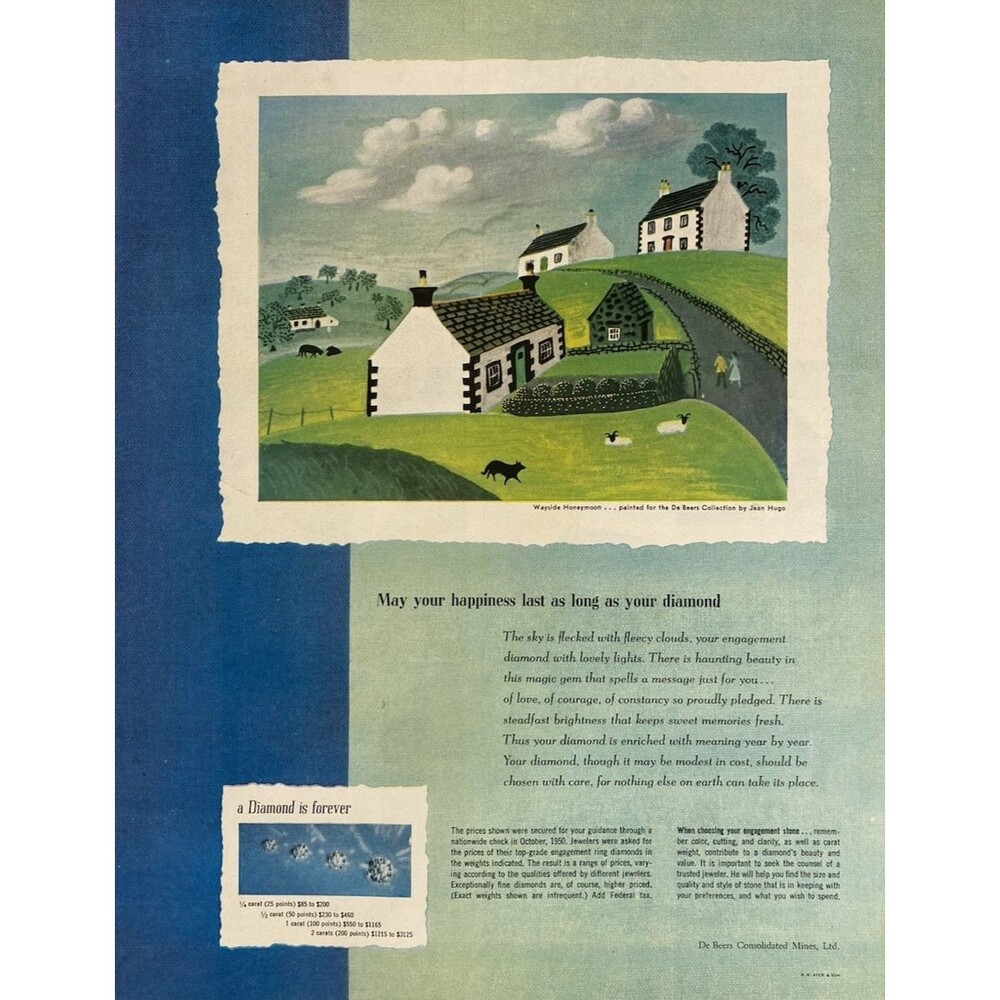 De Beers Consolidated Mines "Wayside Honeymoon" by Jean Hugo Vtg Print Ad 1951